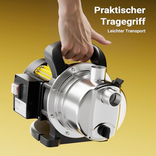 Wiltec Gartenpumpe 3800l/h, 1200W, Tragegriff & Wasserablassschraube, max. Förderhöhe 48m, rostfreier Stahl Hauswasserwerk Wasserpumpe Bewässerungspumpe Regenwasserpumpe – Bild 7