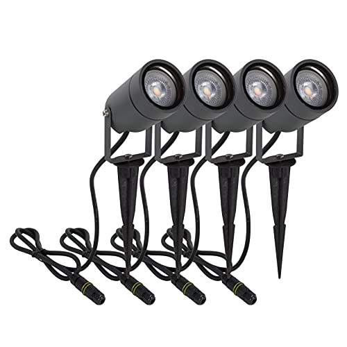 DAWALIGHT Erdspieß 4er Set GU10 IP65 Wasserdicht, Inkl. 5W 3000K Warmweiß Gartenbeleuchtung LED Strahler Außen, 320 Grad Drehbarer Aluminium Gartenstrahler für Sträucher, Rasen, Hof