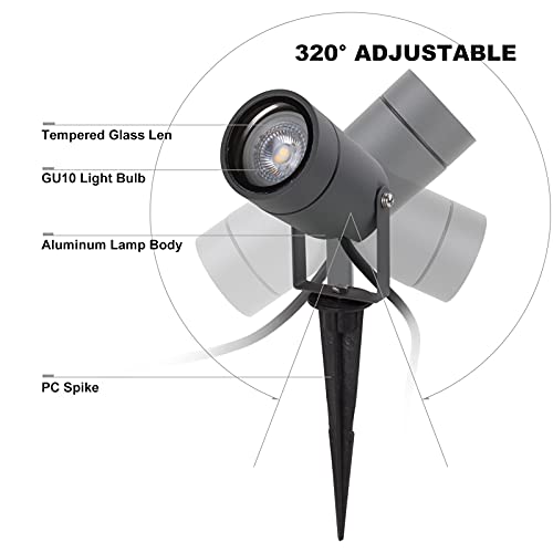 DAWALIGHT Erdspieß 4er Set GU10 IP65 Wasserdicht, Inkl. 5W 3000K Warmweiß Gartenbeleuchtung LED Strahler Außen, 320 Grad Drehbarer Aluminium Gartenstrahler für Sträucher, Rasen, Hof – Bild 4
