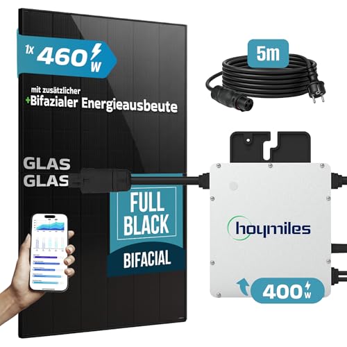 SUNNIVA® 460W Balkonkraftwerk BIFAZIAL FULLBLACK komplett Steckdose HOYMILES 400 Watt Wechselrichter, PV Solaranlage Komplettset, 1x 460W N-Type Glas-Glas Bifacial Solarmodule, 5m Kabel – Bild 2