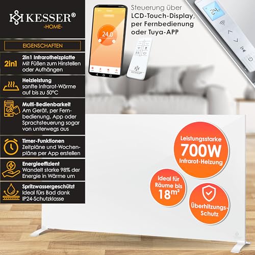KESSER® Infrarotheizung 700W Aluminiumheizung Energiesparend 2in1 Standgerät & Wandmontage Elektroheizung mit Erkennung Offener Fenster Fernbedienung & App-Steuerung Thermostat Infrarot Heizpaneel – Bild 2