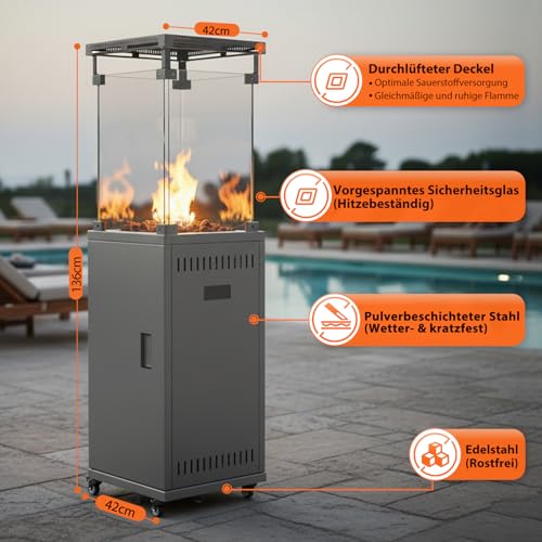 Heizpilz Gas for für Terrasse Terrassenheizer - 11kW Leistungsstarker Standheizer mit Rädern für Garten - Terrasse & Außenbereiche - Tragbarer Propan Heizer inkl. Regler & Schlauch – Bild 7