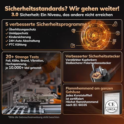 Heizlüfter AEOCKY der 3. Generation mit KI-Thermostat, 1800 W PTC-Elektroheizer für den Innenbereich mit Fernbedienung, 70°-Oszillation, geräuschlos, sicher tragbar für Büro, Schlafzimmer, Zimmer – Bild 6