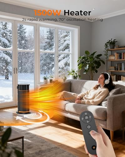 Funtider Heizlüfter Energiesparend - 2000W Leiser Elektrischer PTC Keramik Heizlüfter, 4-Gang heizgeräte, 9H Timer, Fernbedienung, ECO Modus, 70° Oszillation, Überhitzungs & Kippschutz, Schwarz – Bild 2
