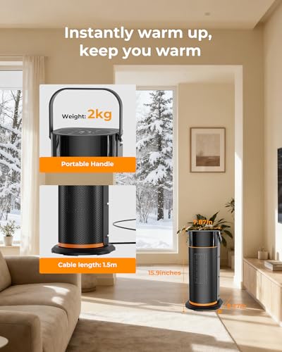 Funtider Heizlüfter Energiesparend - 2000W Leiser Elektrischer PTC Keramik Heizlüfter, 4-Gang heizgeräte, 9H Timer, Fernbedienung, ECO Modus, 70° Oszillation, Überhitzungs & Kippschutz, Schwarz – Bild 7