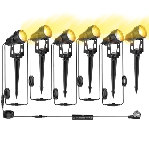 HUAEU Gartenstrahler LED Außen Wasserdicht, 20 Meter 6-in-1 Bodenstrahler, 3000K Warmweiß, 12V IP65, Gartenbeleuchtung mit Strom, mit Stecker für Terrasse, Gartenweg, Party, Bäume, Rasen, Erdspieß
