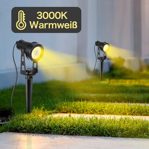 HUAEU Gartenstrahler LED Außen Wasserdicht, 20 Meter 6-in-1 Bodenstrahler, 3000K Warmweiß, 12V IP65, Gartenbeleuchtung mit Strom, mit Stecker für Terrasse, Gartenweg, Party, Bäume, Rasen, Erdspieß – Bild 3