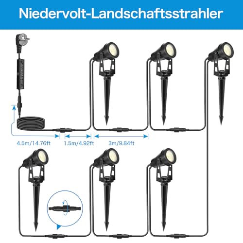HUAEU Gartenstrahler LED Außen Wasserdicht, 20 Meter 6-in-1 Bodenstrahler, 3000K Warmweiß, 12V IP65, Gartenbeleuchtung mit Strom, mit Stecker für Terrasse, Gartenweg, Party, Bäume, Rasen, Erdspieß – Bild 6