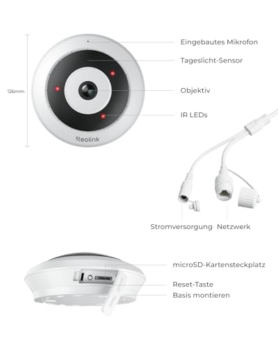 Reolink 6MP PoE IP Fisheye Kamera mit 360° Blick, Smarte Personenerkennung, 2-Wege Audio, Decken-/Wand-/Tisch-Installation, Mehrere Display-Ansichten, Innenkamera für Haus/Büro Sicherheit, FE-P Weiß – Bild 9