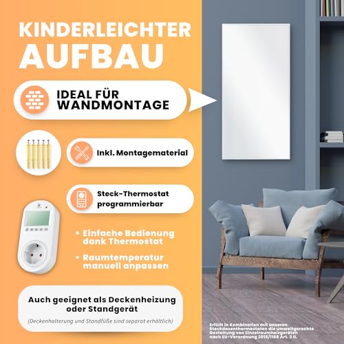 BR Bringer Infrarotheizung 1200 Watt - mit Steck-Thermostat - Infrarot Elektroheizung Energiesparend - 5 Jahre Garantie, TÜV GS - Deutsche Qualitätsmarke (weiß) – Bild 4