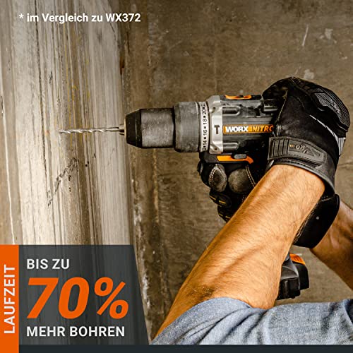 WORX NITRO WX352 Akku Schlagbohrschrauber Set 20V - bürstenloser Motor - zum Schrauben, Bohren und Schlagbohren - 60Nm - 2-Gang-Getriebe & LED-Licht - inkl. 2x20V 2Ah Akkus & 2A Schnellladegerät – Bild 3