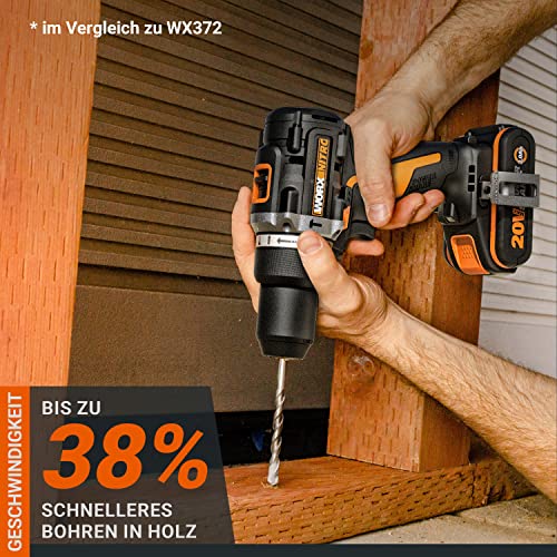 WORX NITRO WX352 Akku Schlagbohrschrauber Set 20V - bürstenloser Motor - zum Schrauben, Bohren und Schlagbohren - 60Nm - 2-Gang-Getriebe & LED-Licht - inkl. 2x20V 2Ah Akkus & 2A Schnellladegerät – Bild 4