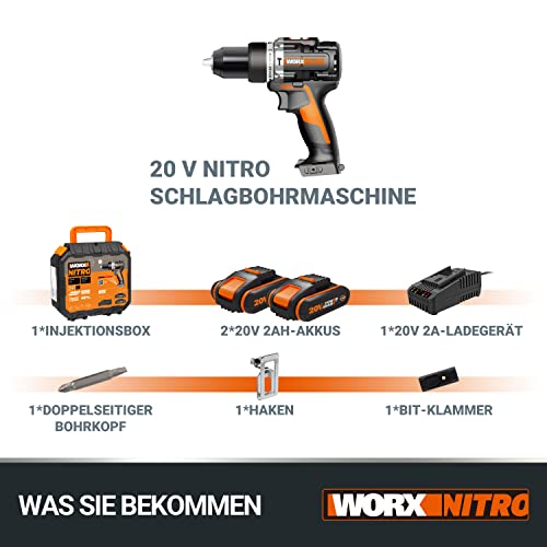 WORX NITRO WX352 Akku Schlagbohrschrauber Set 20V - bürstenloser Motor - zum Schrauben, Bohren und Schlagbohren - 60Nm - 2-Gang-Getriebe & LED-Licht - inkl. 2x20V 2Ah Akkus & 2A Schnellladegerät – Bild 5
