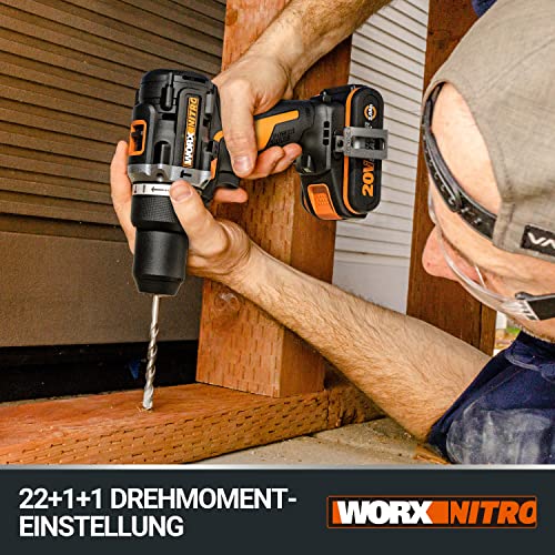 WORX NITRO WX352 Akku Schlagbohrschrauber Set 20V - bürstenloser Motor - zum Schrauben, Bohren und Schlagbohren - 60Nm - 2-Gang-Getriebe & LED-Licht - inkl. 2x20V 2Ah Akkus & 2A Schnellladegerät – Bild 8