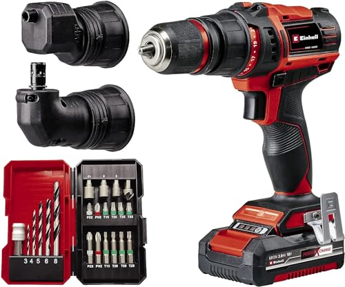 Einhell Akku-Bohrschrauber TE-CD 18/45 3X-Li 22 Power X-Change (18 V, 45 Nm, Winkelaufsatz, Exzenter Aufsatz, 22-tlg. Bitset, 2,0 Ah-Akku, Ladegerät E-Box)