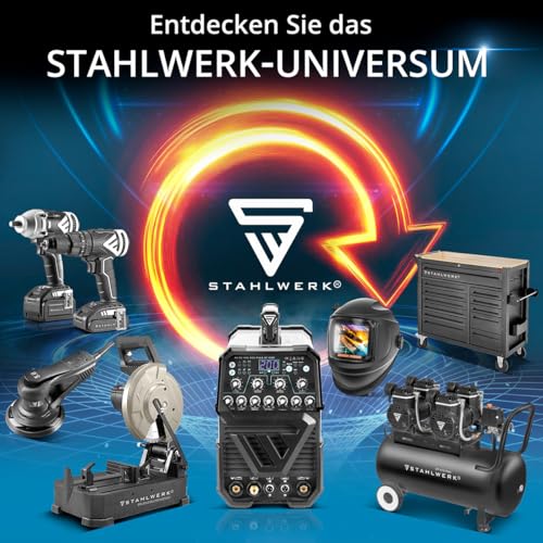 STAHLWERK Schweißgerät Mini FLUX 120 ST Digital – Vollausstattung – Fülldrahtschweißen ohne Schutzgas bis 120 A, kompakt, synergischer Drahtvorschub, mit LED-Licht, Lift-TIG- und MMA/ARC-Funktion – Bild 13