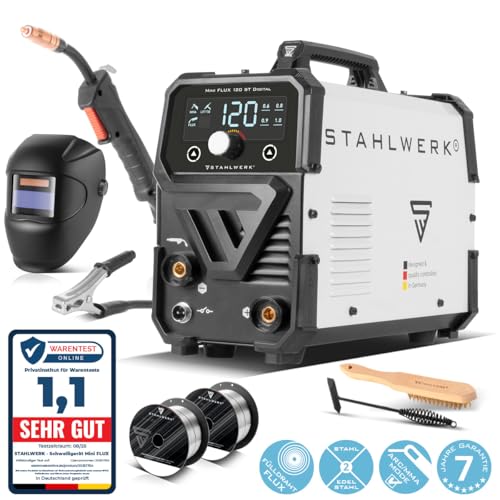 STAHLWERK Schweißgerät Mini FLUX 120 ST Digital – Vollausstattung – Fülldrahtschweißen ohne Schutzgas bis 120 A, kompakt, synergischer Drahtvorschub, mit LED-Licht, Lift-TIG- und MMA/ARC-Funktion – Bild 2