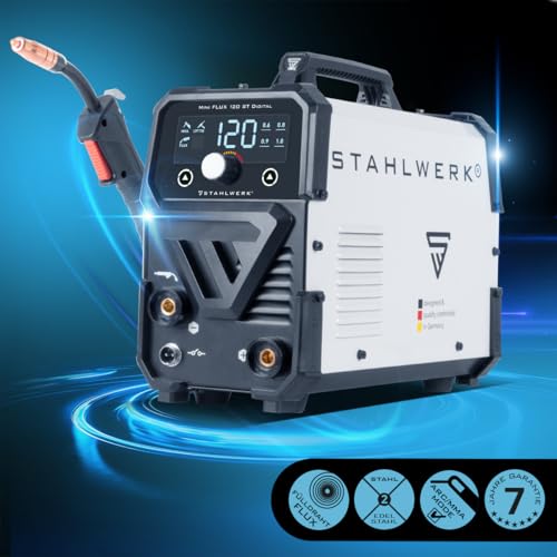 STAHLWERK Schweißgerät Mini FLUX 120 ST Digital – Vollausstattung – Fülldrahtschweißen ohne Schutzgas bis 120 A, kompakt, synergischer Drahtvorschub, mit LED-Licht, Lift-TIG- und MMA/ARC-Funktion – Bild 3