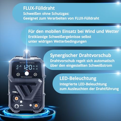 STAHLWERK Schweißgerät Mini FLUX 120 ST Digital – Vollausstattung – Fülldrahtschweißen ohne Schutzgas bis 120 A, kompakt, synergischer Drahtvorschub, mit LED-Licht, Lift-TIG- und MMA/ARC-Funktion – Bild 4