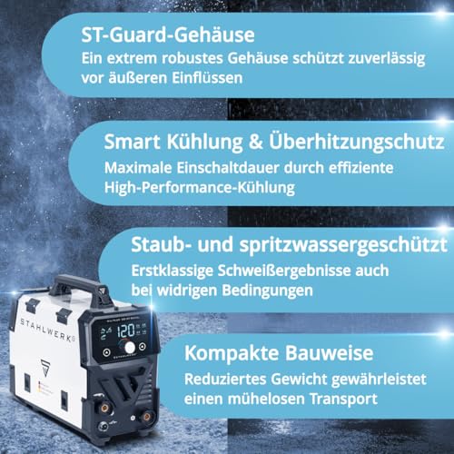 STAHLWERK Schweißgerät Mini FLUX 120 ST Digital – Vollausstattung – Fülldrahtschweißen ohne Schutzgas bis 120 A, kompakt, synergischer Drahtvorschub, mit LED-Licht, Lift-TIG- und MMA/ARC-Funktion – Bild 5