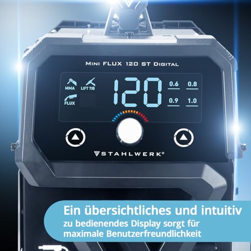 STAHLWERK Schweißgerät Mini FLUX 120 ST Digital – Vollausstattung – Fülldrahtschweißen ohne Schutzgas bis 120 A, kompakt, synergischer Drahtvorschub, mit LED-Licht, Lift-TIG- und MMA/ARC-Funktion – Bild 7