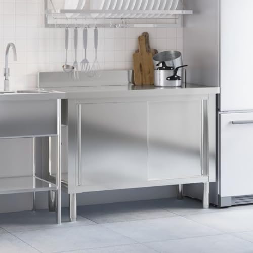 vidaXL Küchen Arbeitstisch, Küchentisch mit Schiebetüren, Gastro Tisch Verstellbare Füße, Edelstahltisch Küchenarbeitstisch, Edelstahl – Bild 4