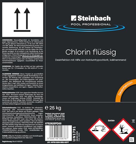 Steinbach Poolpflege Chlorin flüssig - 0752925PD00-25 kg - Flüssiges Desinfektionsmittel auf Chlorbasis - Für automatische Dosieranlagen - Kalkhemmend & stabilisiert - Wirkt gegen Algen – Bild 3