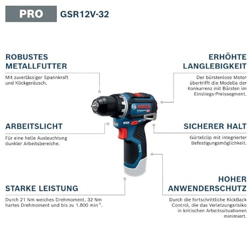 Bosch Professional 12V System Akku-Bohrschrauber GSR 12V-32 (Advanced KickBack Control, bürstenloser Motor, inkl. 2,0-Ah-Akku, GAL12V-20, Zubehör, Pick-and-Click-Einlage, Werkzeugtasche) – Bild 2