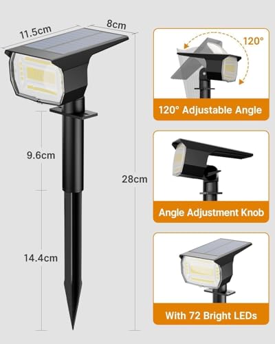 btfarm 8 Stück Solarstrahler für Außen Garten, 72 LED Solarlampen für Außen IP65 Wasserdicht Solar Strahler Gartenleuchten, Solarleuchten für Rasen Auffahrt Gehweg Patio Baum, Warmweiß – Bild 7
