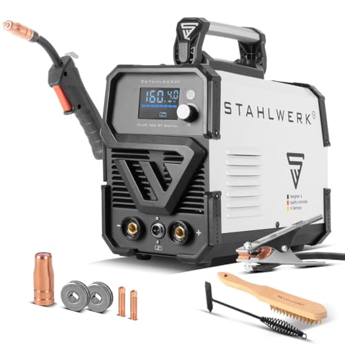 STAHLWERK Schweißgerät Mini FLUX 160 ST Digital – Fülldrahtschweißen (FLUX) ohne Schutzgas bis 160 A, kompakt, synergischer Drahtvorschub, integriertes LED-Licht, Lift-TIG- und MMA/ARC-Funktion