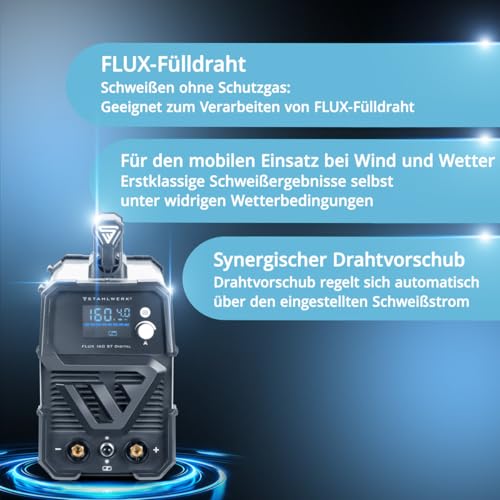 STAHLWERK Schweißgerät Mini FLUX 160 ST Digital – Fülldrahtschweißen (FLUX) ohne Schutzgas bis 160 A, kompakt, synergischer Drahtvorschub, integriertes LED-Licht, Lift-TIG- und MMA/ARC-Funktion – Bild 3