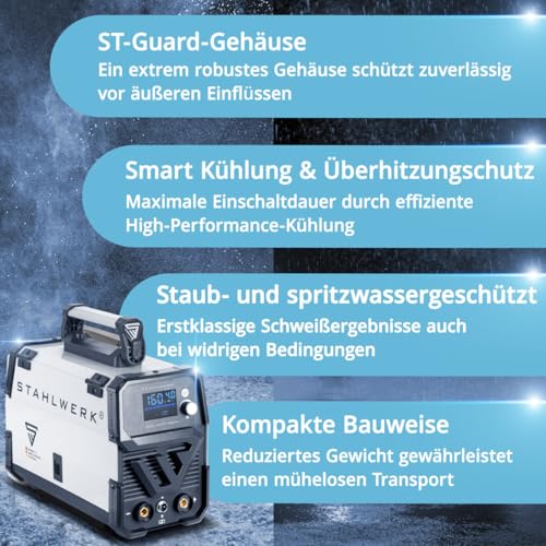 STAHLWERK Schweißgerät Mini FLUX 160 ST Digital – Fülldrahtschweißen (FLUX) ohne Schutzgas bis 160 A, kompakt, synergischer Drahtvorschub, integriertes LED-Licht, Lift-TIG- und MMA/ARC-Funktion – Bild 4