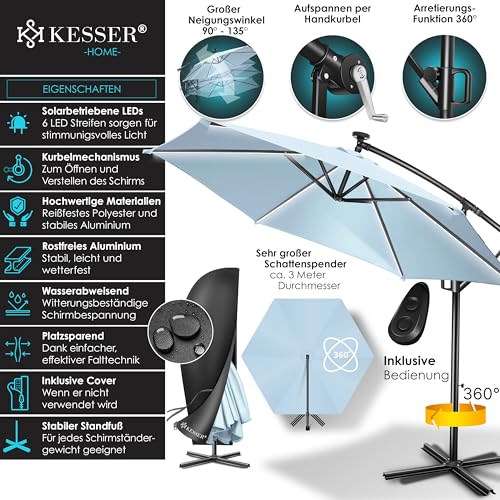 KESSER® Alu Ampelschirm LED Solar Inkl. Abdeckung Fernbedienung & Kurbelvorrichtung Kurbelschirm mit Ständer 360° Funktion UV-Schutz Aluminium Wasserabweisend (Hellblau, 350cm) – Bild 2