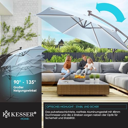 KESSER® Alu Ampelschirm LED Solar Inkl. Abdeckung Fernbedienung & Kurbelvorrichtung Kurbelschirm mit Ständer 360° Funktion UV-Schutz Aluminium Wasserabweisend (Hellblau, 350cm) – Bild 3