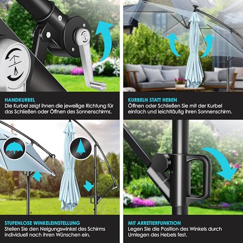 KESSER® Alu Ampelschirm LED Solar Inkl. Abdeckung Fernbedienung & Kurbelvorrichtung Kurbelschirm mit Ständer 360° Funktion UV-Schutz Aluminium Wasserabweisend (Hellblau, 350cm) – Bild 4