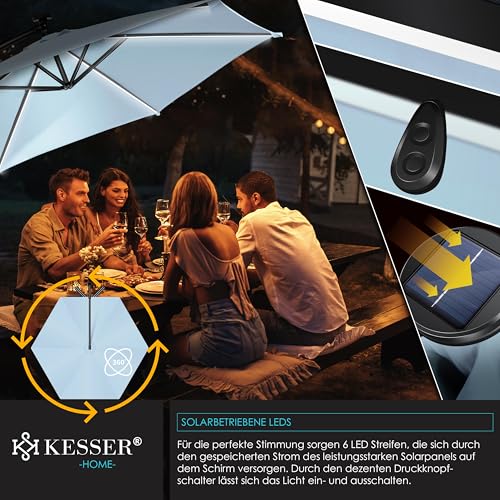 KESSER® Alu Ampelschirm LED Solar Inkl. Abdeckung Fernbedienung & Kurbelvorrichtung Kurbelschirm mit Ständer 360° Funktion UV-Schutz Aluminium Wasserabweisend (Hellblau, 350cm) – Bild 5