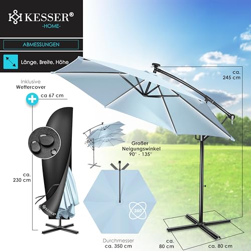 KESSER® Alu Ampelschirm LED Solar Inkl. Abdeckung Fernbedienung & Kurbelvorrichtung Kurbelschirm mit Ständer 360° Funktion UV-Schutz Aluminium Wasserabweisend (Hellblau, 350cm) – Bild 7