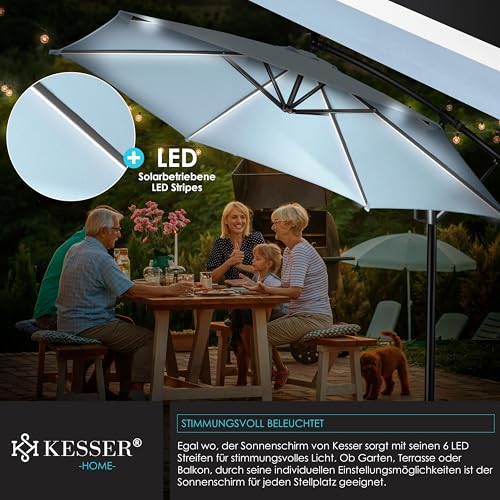 KESSER® Alu Ampelschirm LED Solar Inkl. Abdeckung Fernbedienung & Kurbelvorrichtung Kurbelschirm mit Ständer 360° Funktion UV-Schutz Aluminium Wasserabweisend (Hellblau, 350cm) – Bild 8