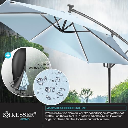 KESSER® Alu Ampelschirm LED Solar Inkl. Abdeckung Fernbedienung & Kurbelvorrichtung Kurbelschirm mit Ständer 360° Funktion UV-Schutz Aluminium Wasserabweisend (Hellblau, 350cm) – Bild 9
