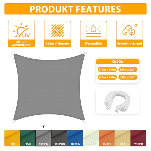 jarolift Sonnensegel Quadrat, Wasserabweisend, Sonnenschutz Sichtschutz für Terrasse Garten Balkon, Polyestergewebe, 360 x 360 cm, Hellgrau – Bild 2