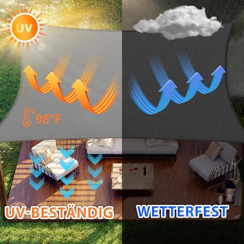 jarolift Sonnensegel Quadrat, Wasserabweisend, Sonnenschutz Sichtschutz für Terrasse Garten Balkon, Polyestergewebe, 360 x 360 cm, Hellgrau – Bild 4