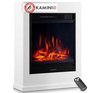 KAMINIO Elektrokamin Kalle - Elektrischer Standkamin mit Heizung, 3D-Flammeneffekt, Fernbedienung (Weiß)