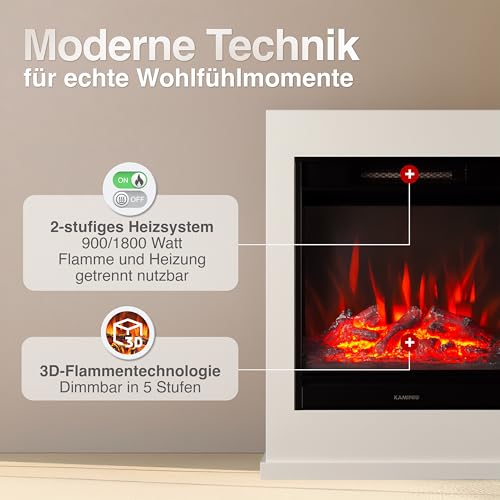 KAMINIO Elektrokamin Kalle - Elektrischer Standkamin mit Heizung, 3D-Flammeneffekt, Fernbedienung (Weiß) – Bild 3