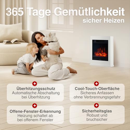 KAMINIO Elektrokamin Kalle - Elektrischer Standkamin mit Heizung, 3D-Flammeneffekt, Fernbedienung (Weiß) – Bild 5