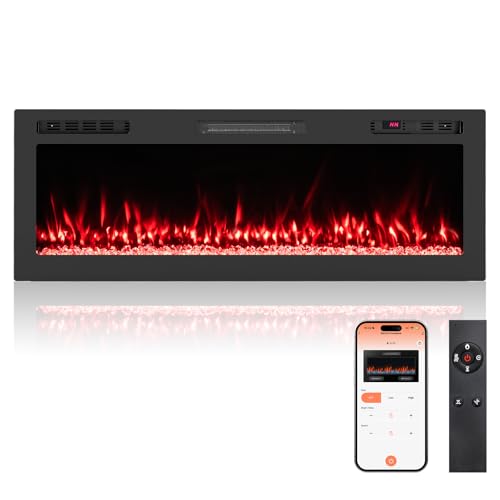 COSTWAY 50" Elektrokamin mit Heizung 750W/1500W, Einbaukamin mit Fernbedienung/App-Steuerung WiFi, 12 Flammen- & Glutfarben, 12H Timer, Wandkamin elektrisch 127 x 10 x 46 cm