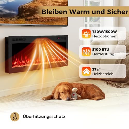 COSTWAY 50" Elektrokamin mit Heizung 750W/1500W, Einbaukamin mit Fernbedienung/App-Steuerung WiFi, 12 Flammen- & Glutfarben, 12H Timer, Wandkamin elektrisch 127 x 10 x 46 cm – Bild 3