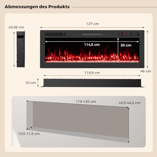 COSTWAY 50" Elektrokamin mit Heizung 750W/1500W, Einbaukamin mit Fernbedienung/App-Steuerung WiFi, 12 Flammen- & Glutfarben, 12H Timer, Wandkamin elektrisch 127 x 10 x 46 cm – Bild 4