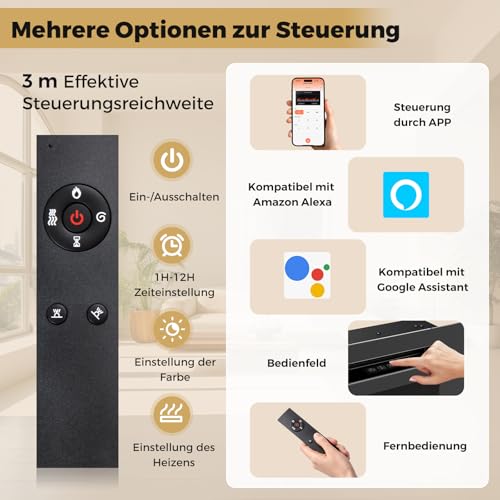 COSTWAY 50" Elektrokamin mit Heizung 750W/1500W, Einbaukamin mit Fernbedienung/App-Steuerung WiFi, 12 Flammen- & Glutfarben, 12H Timer, Wandkamin elektrisch 127 x 10 x 46 cm – Bild 5