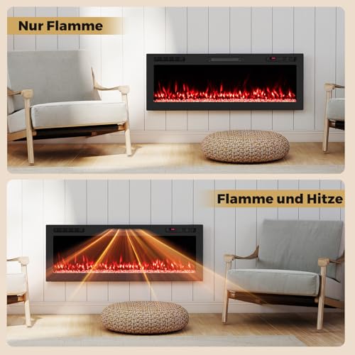 COSTWAY 50" Elektrokamin mit Heizung 750W/1500W, Einbaukamin mit Fernbedienung/App-Steuerung WiFi, 12 Flammen- & Glutfarben, 12H Timer, Wandkamin elektrisch 127 x 10 x 46 cm – Bild 8