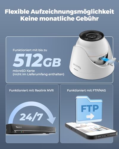 Reolink 12MP PoE Überwachungskamera Aussen mit Spotlight, Farbige Nachtsicht, Zwei-Wege-Audio, 24/7 Aufnahme, Smarte Erkennung, Zeitraffer, Outdoor IP-Kamera mit microSD Kartenslot (Weiß, Dome) – Bild 6